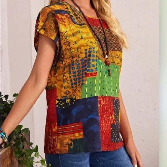 Vibrant Patchwork Print Blouse  Boutique New - Picture 4 of 8